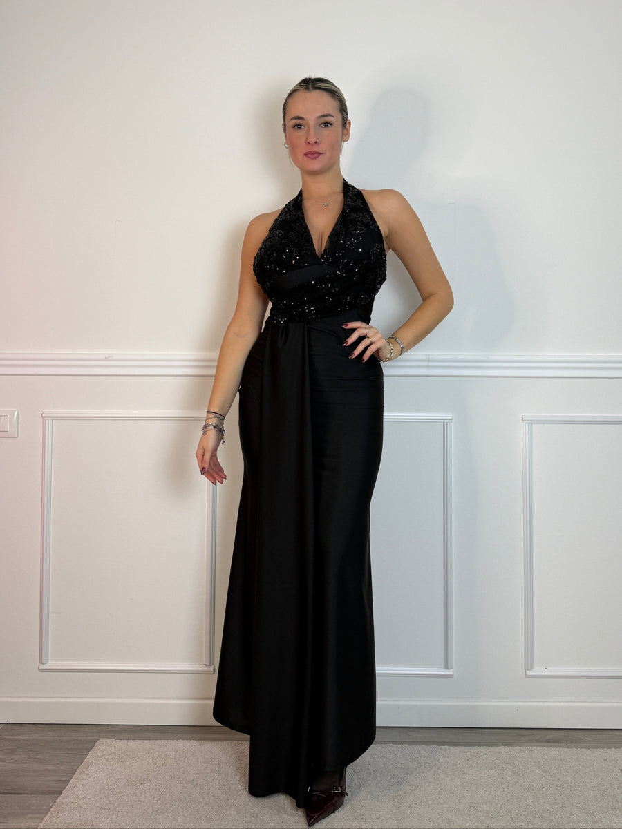 Vestito lungo in raso con fusciacca e corpetto in tulle con paillettes