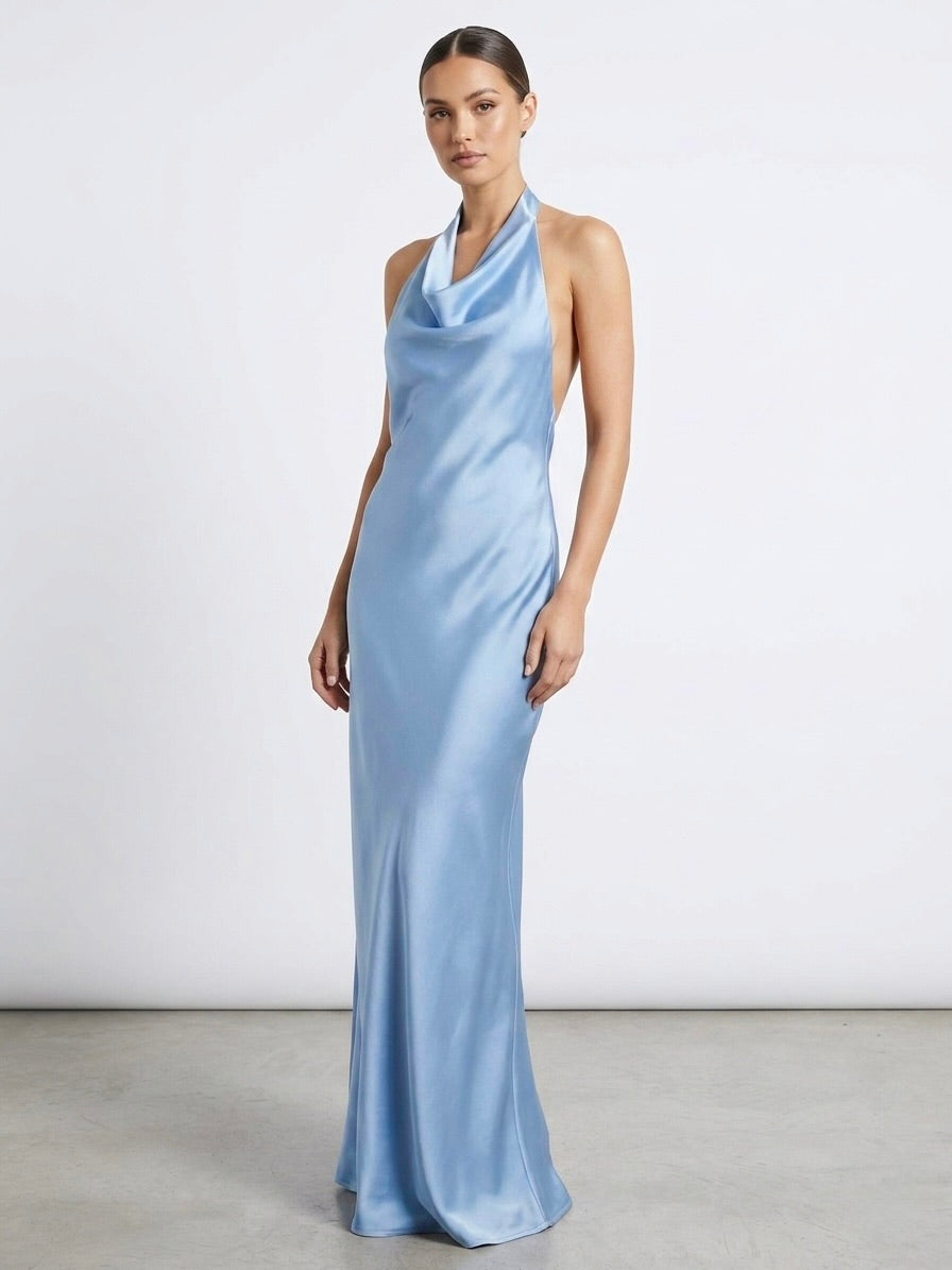 Vestito lungo halter in raso con schiena scoperta AZURE
