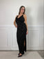Vestito lungo con paillettes, schiena scoperta e scollo a V