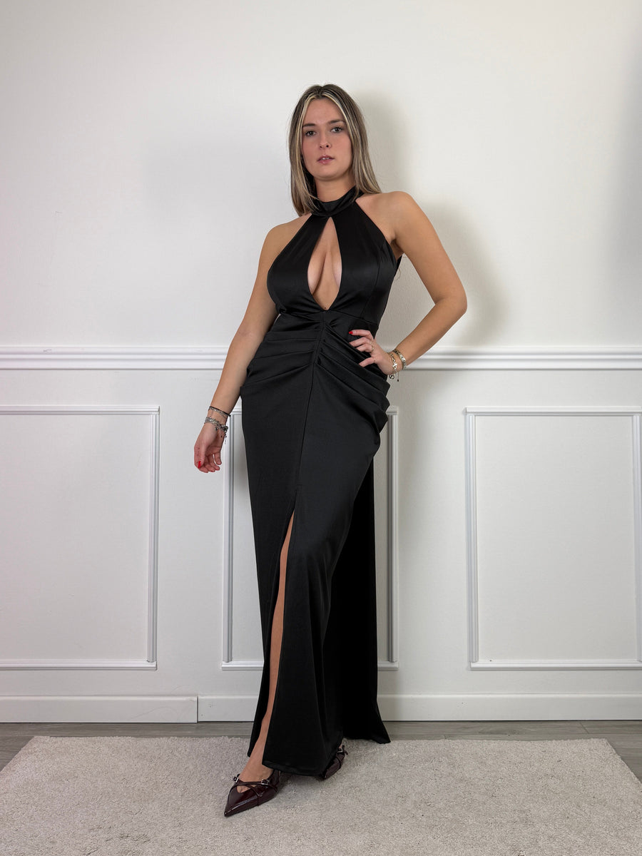 Vestito lungo in raso con scollo all’americana, scollatura a goccia e drappeggio sui fianchi effetto bombè