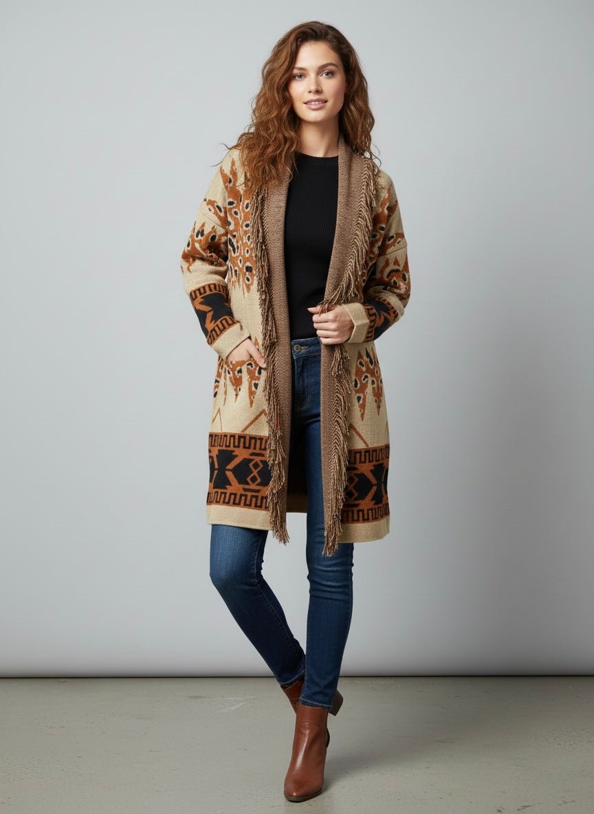 Cardigan fantasia etnica con frangette