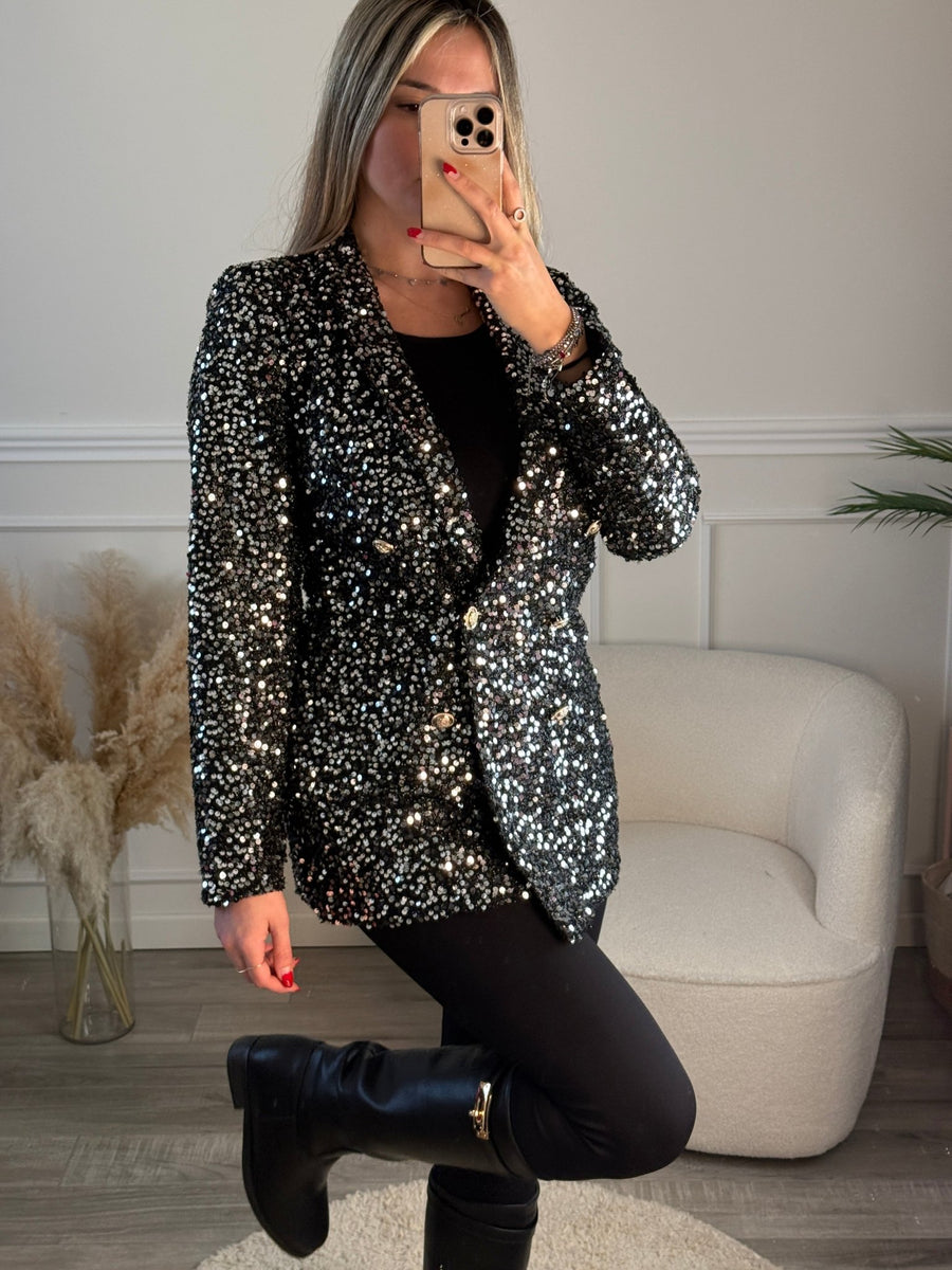 Giacca blazer doppiopetto con paillettes e bottoni gioiello – alternate