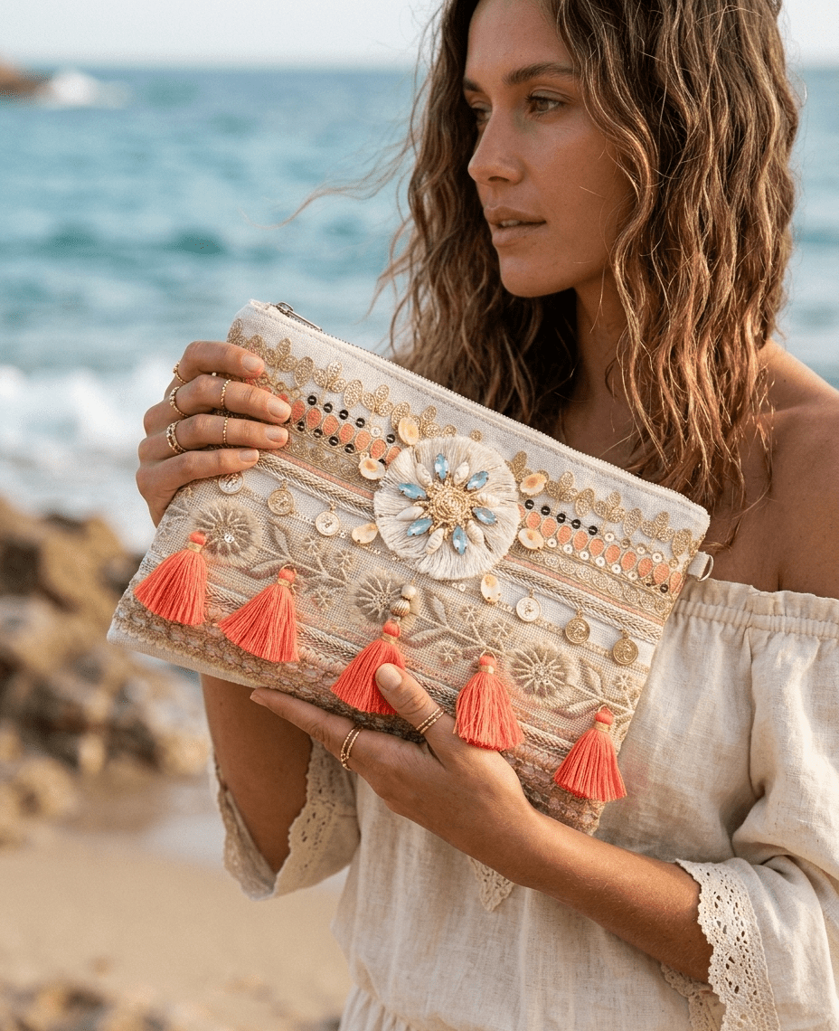 Pochette mare in juta con strass e pouf arancioni - Follie by Alice