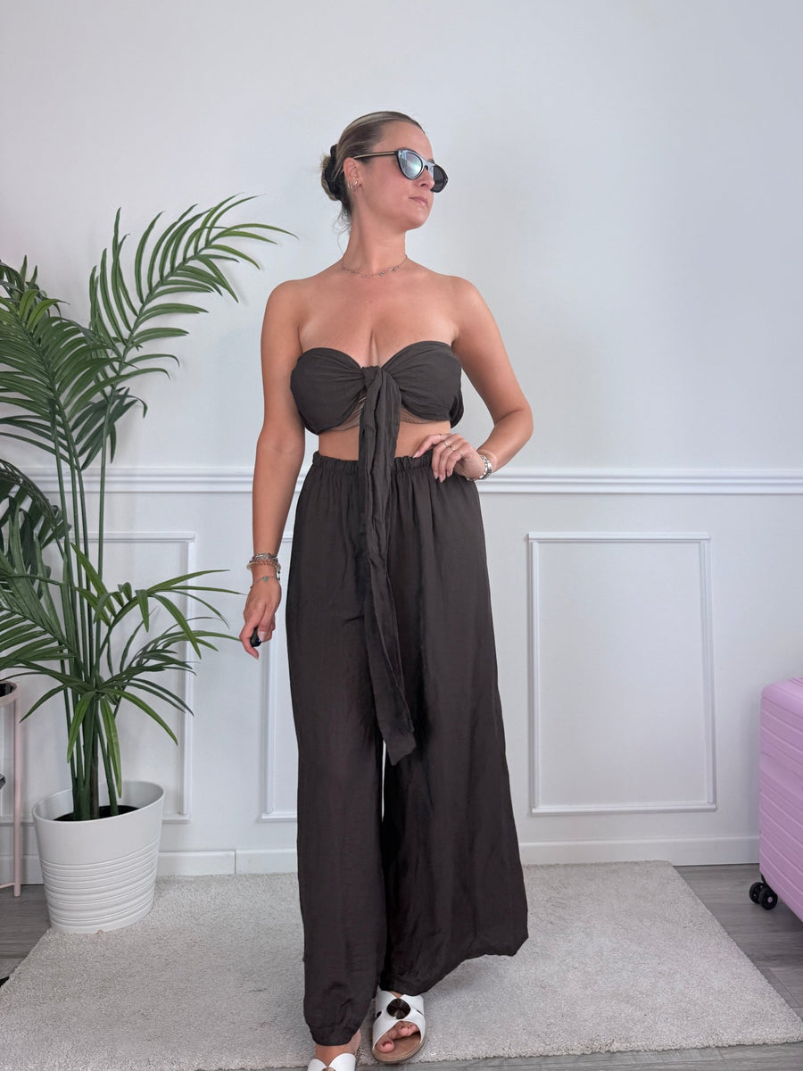 Set effetto lino con top halter e pantaloni palazzo KENYA