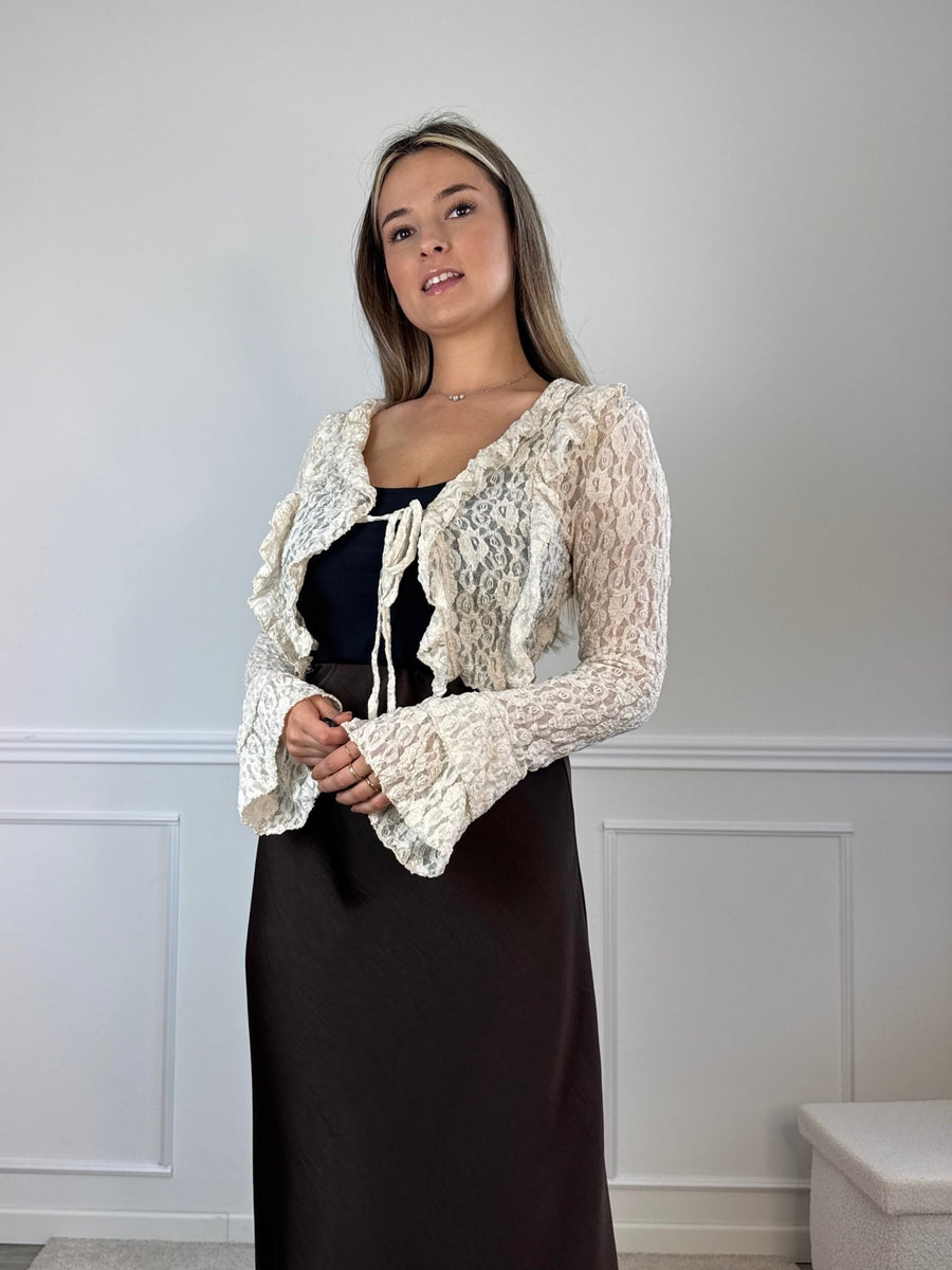 Top in pizzo con rouches e maniche a campana BLANCHE