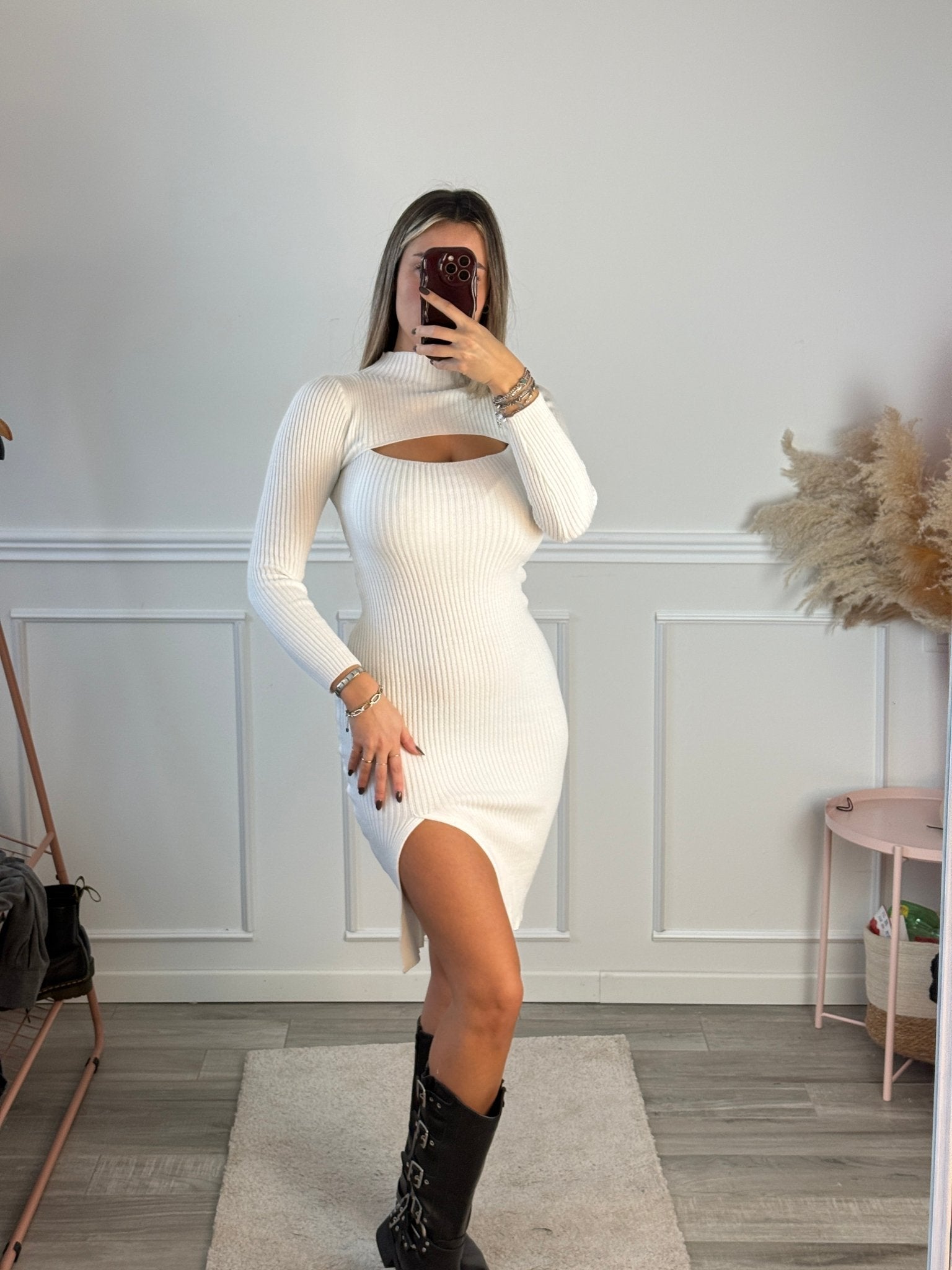 Tubino bianco a costine con spacco - Follie by Alice