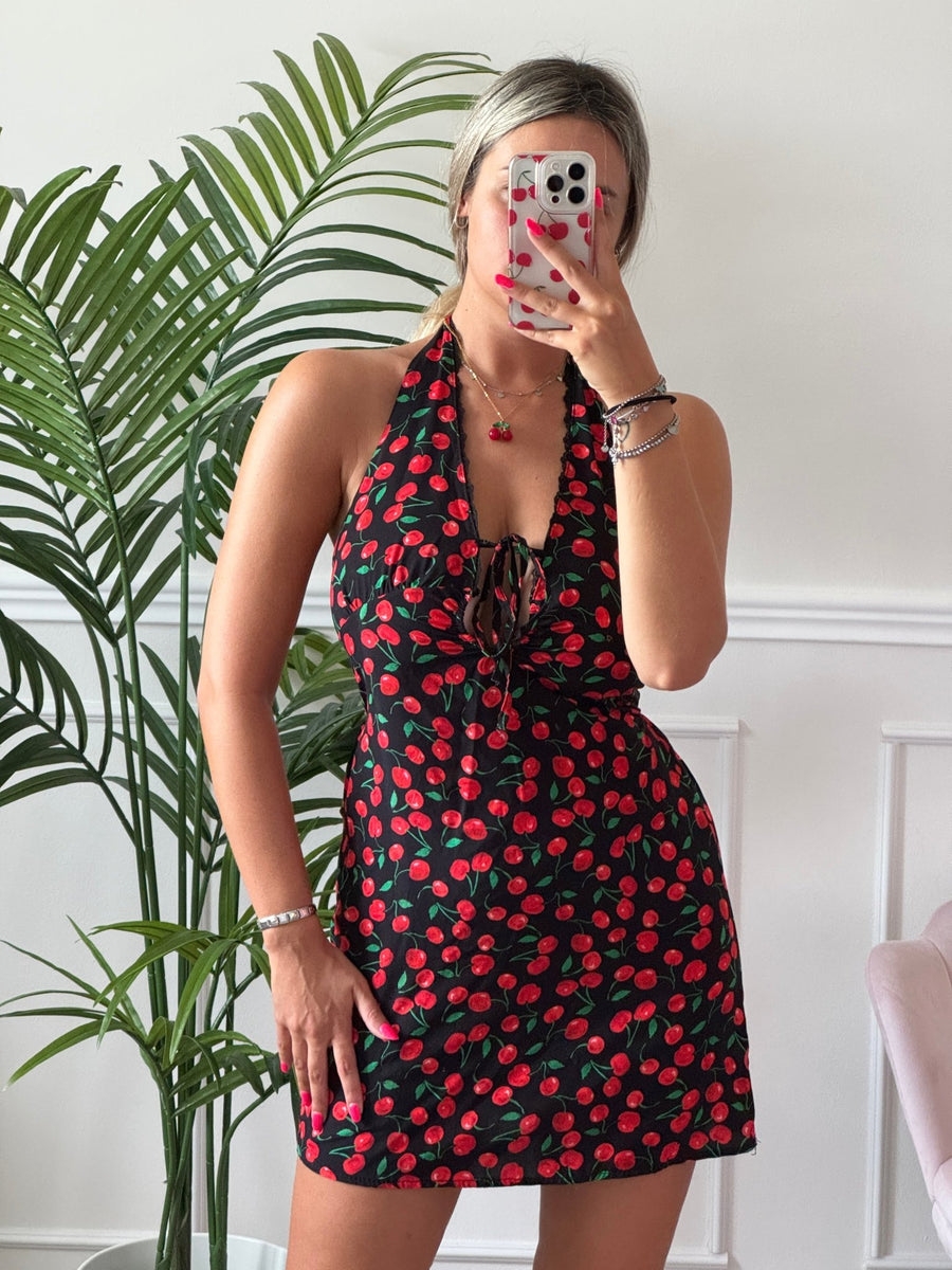 Vestitino con stampa ciliegie e scollo a V