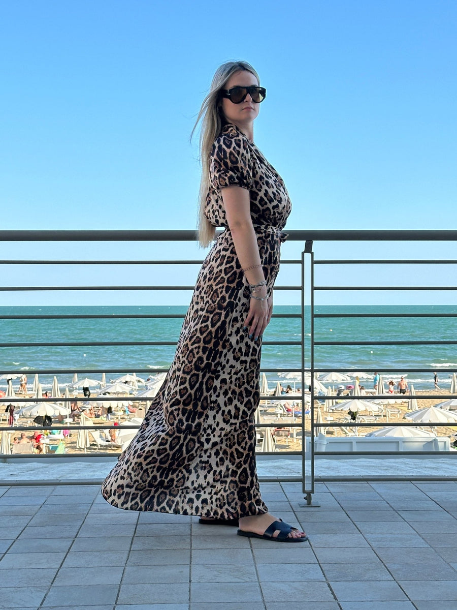 Vestito lungo caftano kimono animalier con cintura