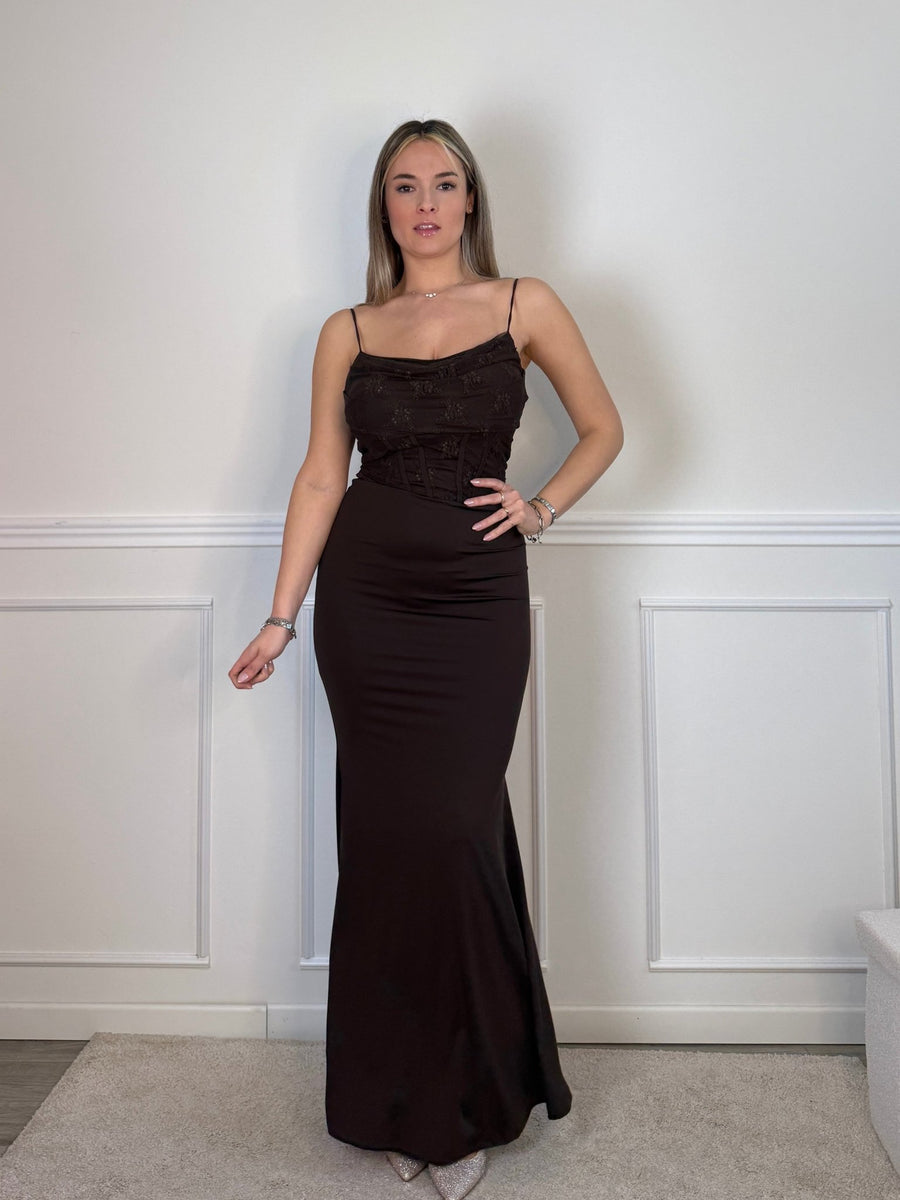 Vestito lungo con corpetto in pizzo ELLE