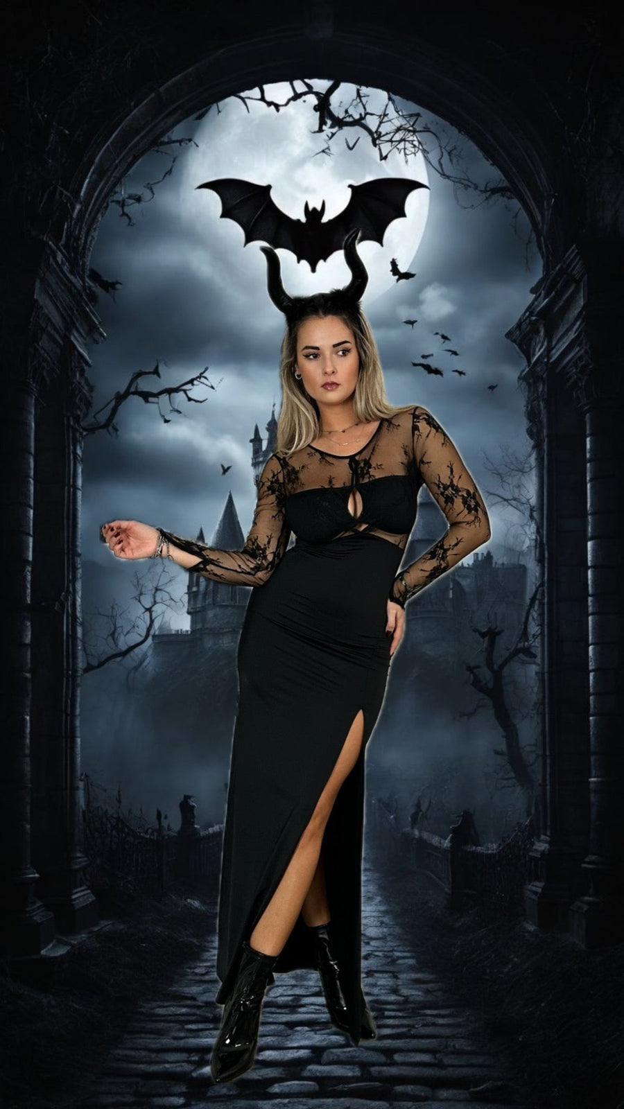 Vestito lungo con maniche velate e ricami in pizzo ECLIPSE