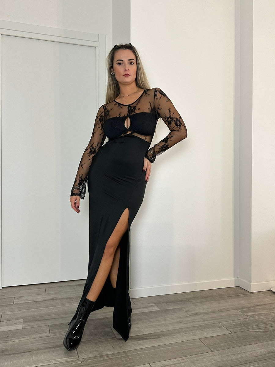 Vestito lungo con maniche velate e ricami in pizzo ECLIPSE