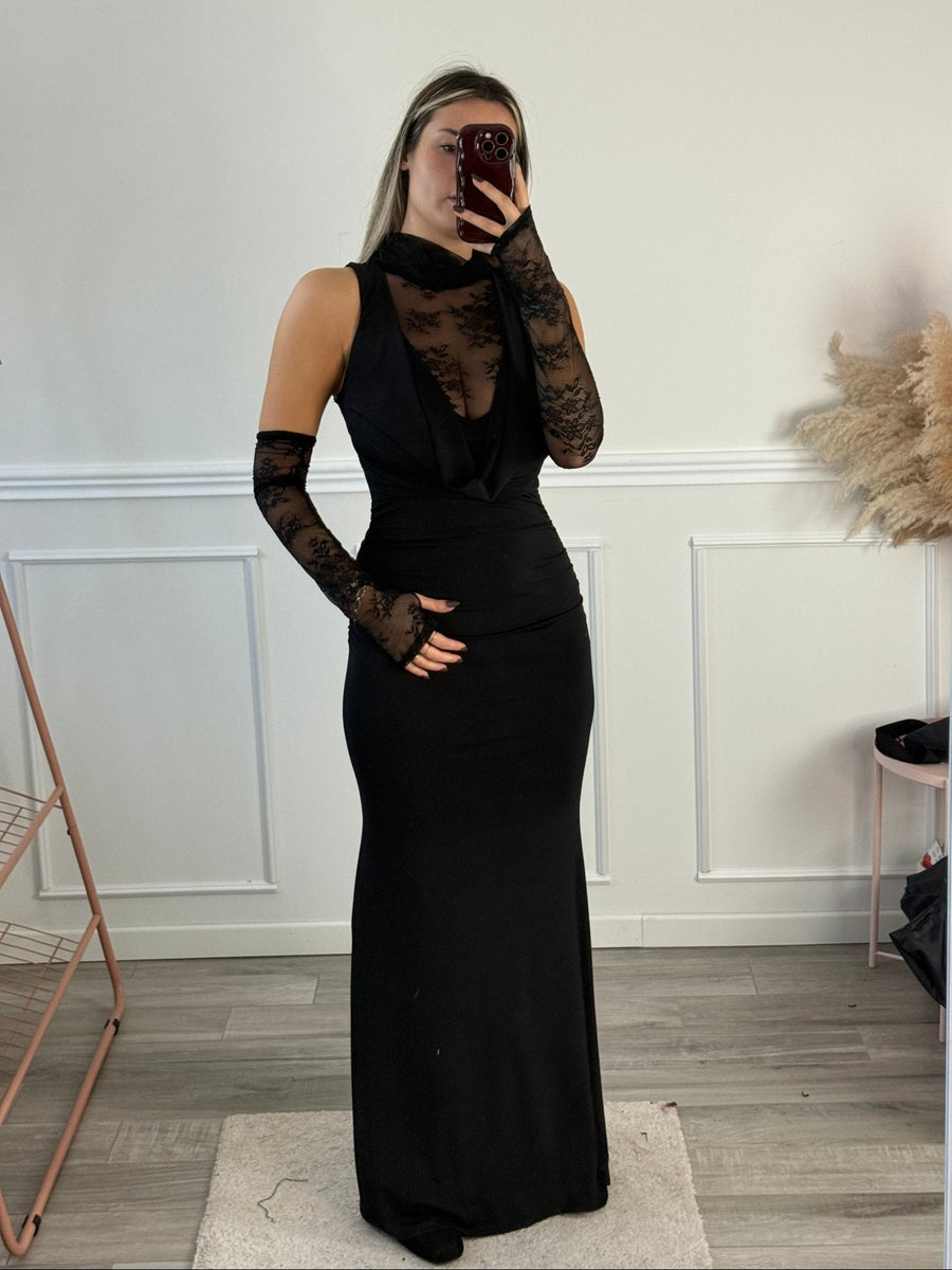 Vestito lungo con scollo drappeggiato, corpetto in pizzo e manicotti