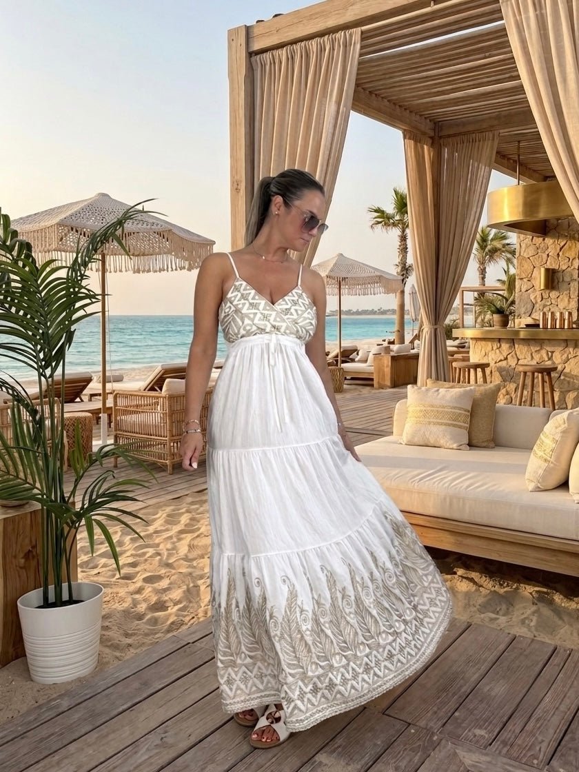 Vestito lungo effetto lino con ricamo azteco TULUM