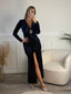 Vestito lungo in ciniglia con morsetto gioiello di strass, scollo a V e spacco - Follie by Alice