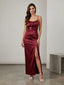 Vestito lungo in raso con corpetto drappeggiato e spacco - Follie by Alice