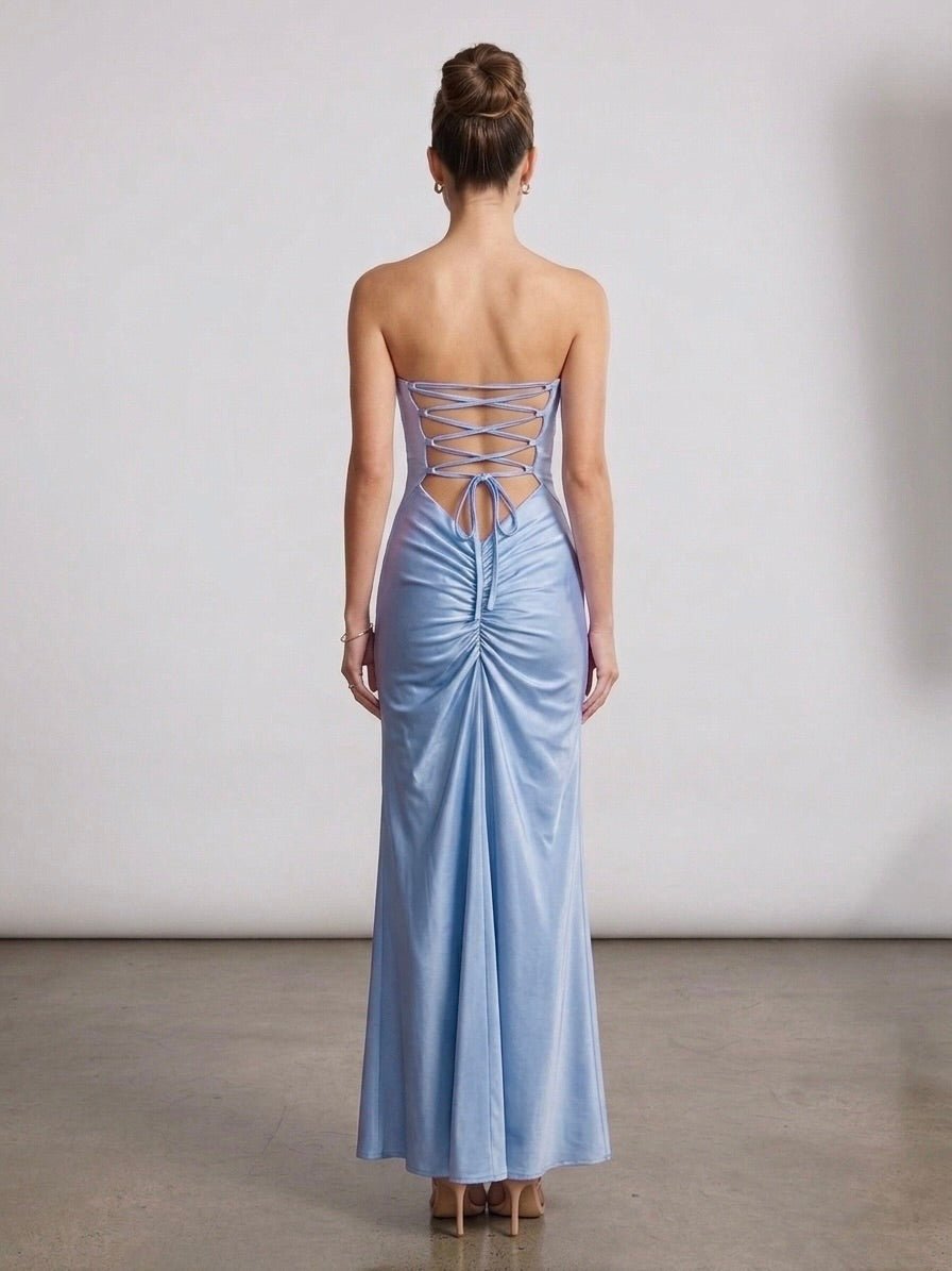 Vestito lungo in raso con schiena ad allacciatura incrociata CELESTE - Follie by Alice