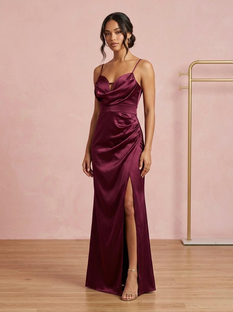 Vestito lungo in raso con scollo a cuore e spacco - Follie by Alice