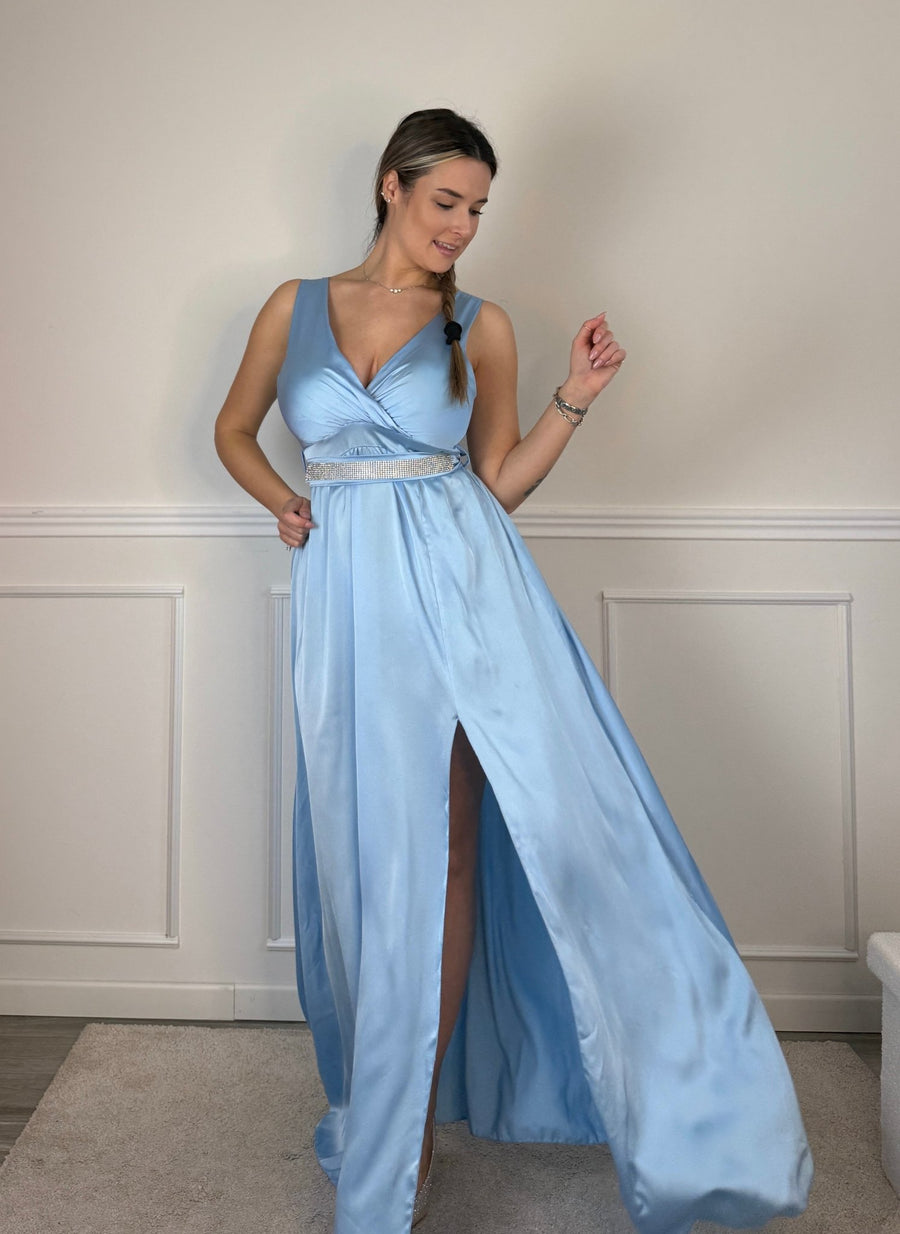 Vestito lungo in raso con scollo a V e cintura con strass