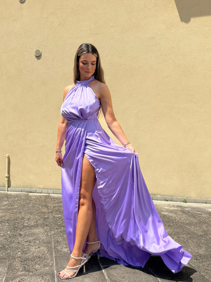Vestito lungo in raso con spacco KRISTAL