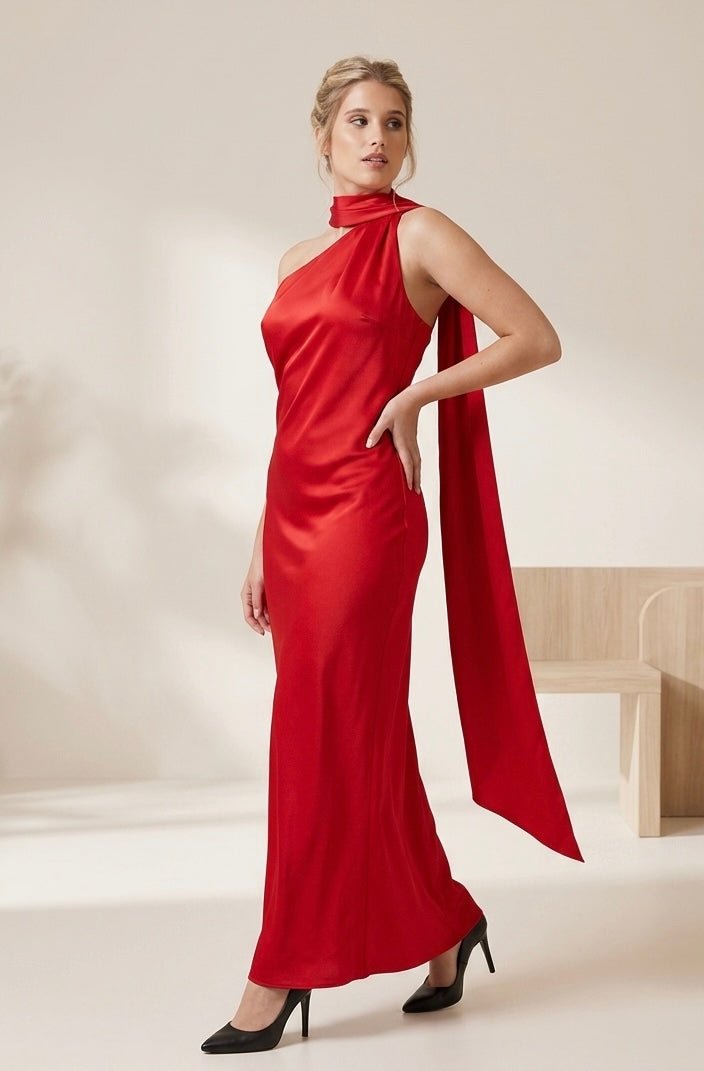Vestito lungo monospalla con fusciacca VELA