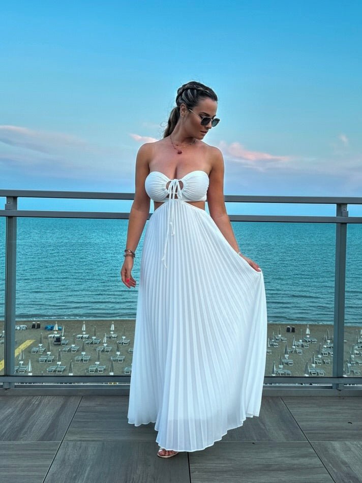 Vestito lungo plissettato cut-out con laccetti