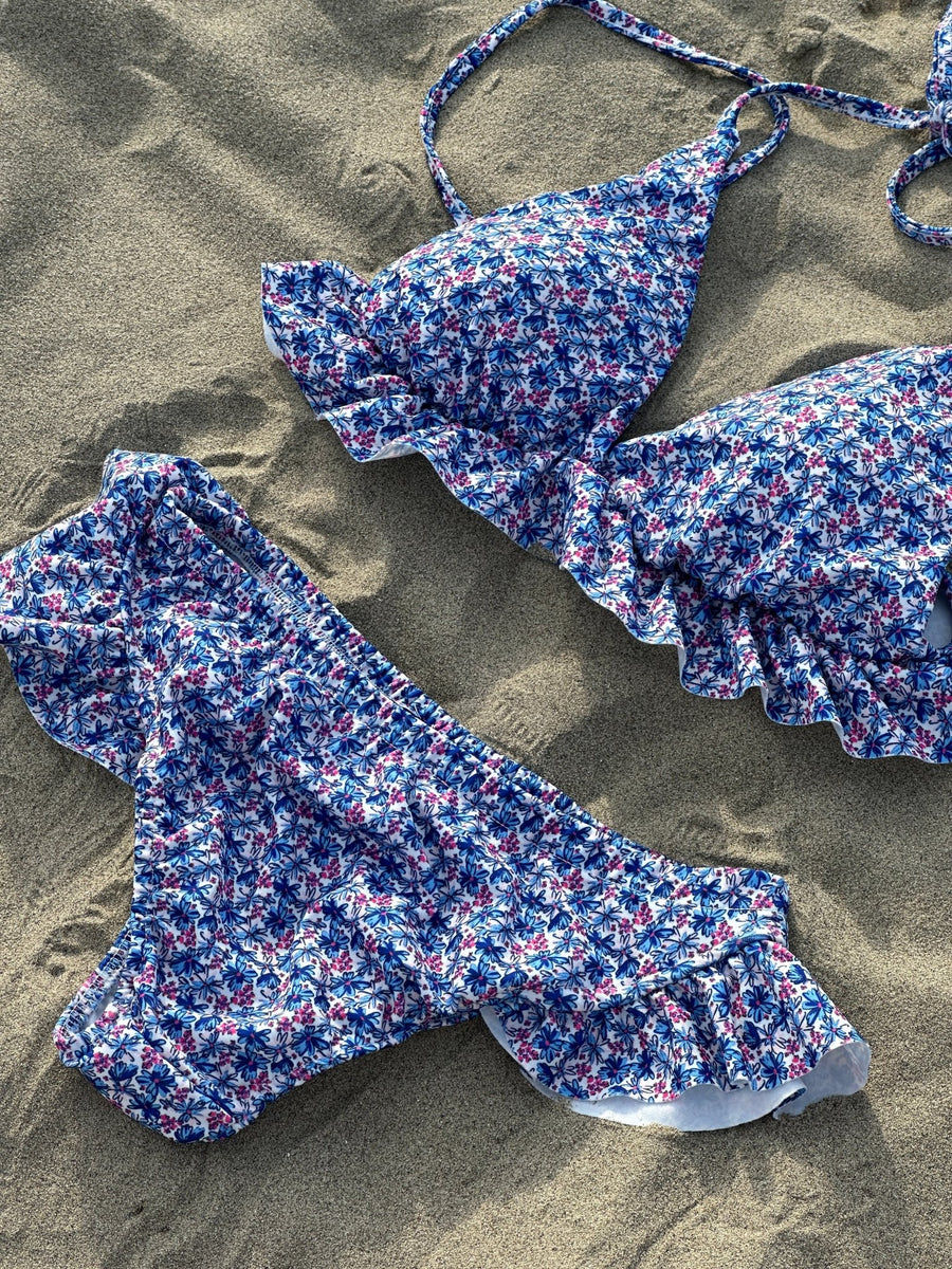 Bikini Top azzurro a fiori con volant