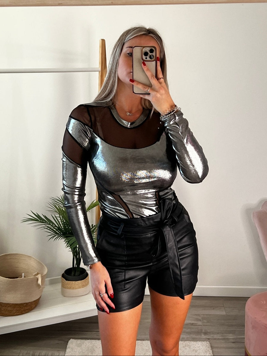 Body metallizzato a maniche lunghe