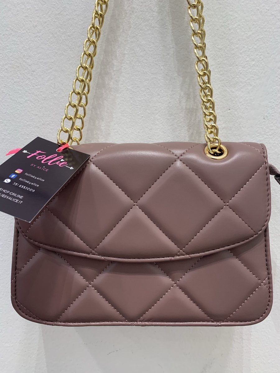 Borsa color vinaccia effetto trapuntato con tracolla in metallo e perline - Follie by Alice