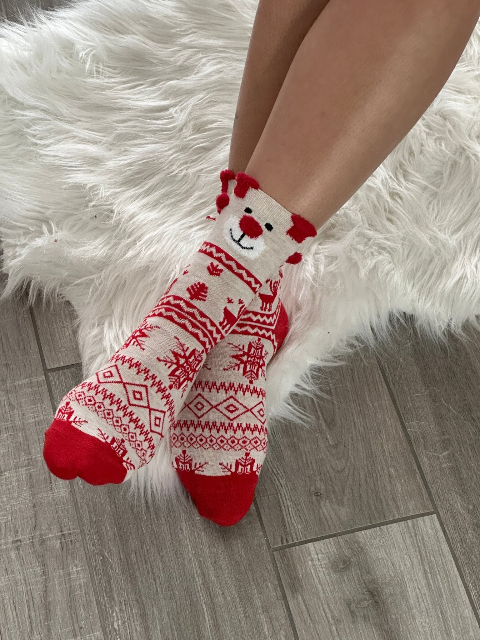 Calzini natalizi beige con orsetto e renne - Follie by Alice