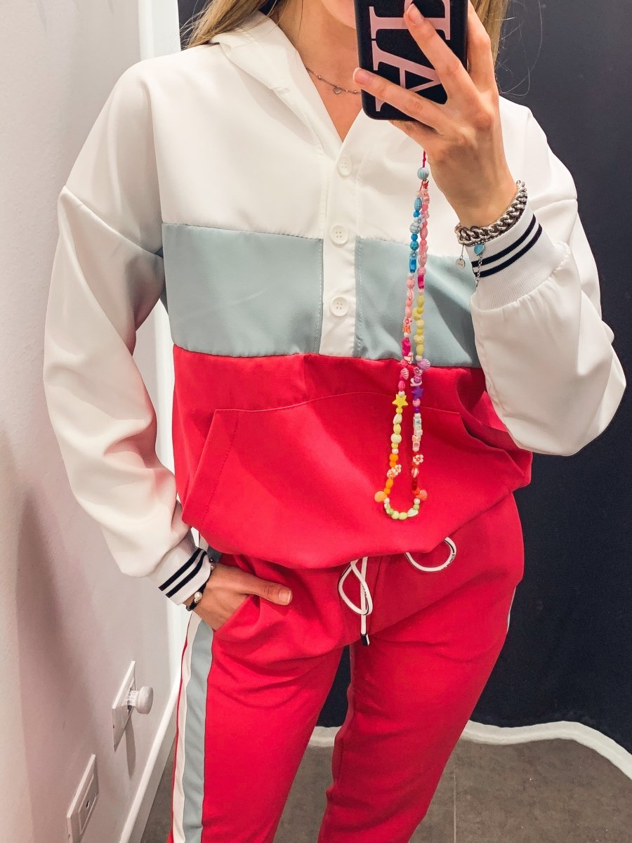 Felpa bianca, fucsia e verde con cappuccio e bottoni