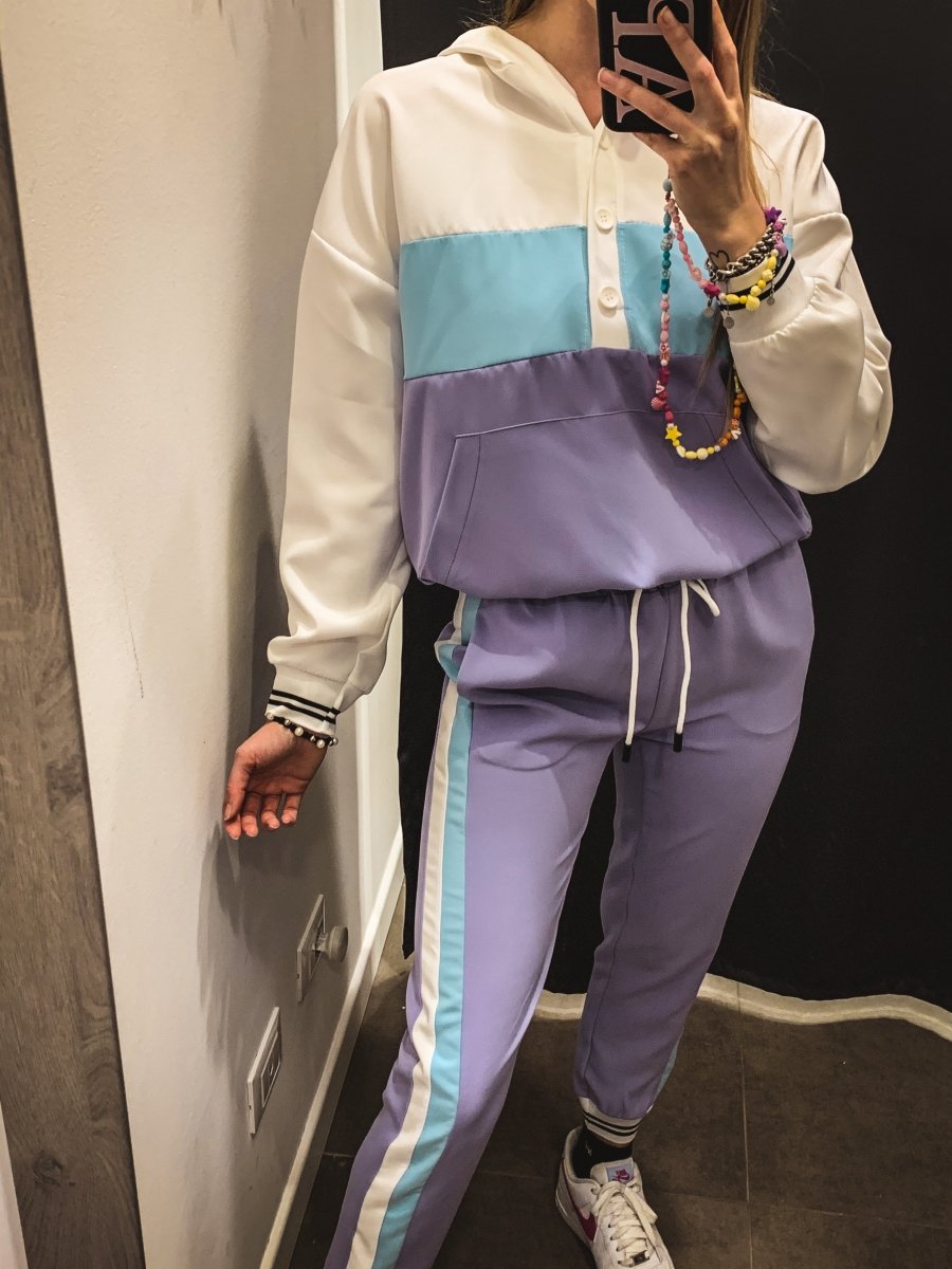 Felpa bianca, lilla e azzurra con cappuccio e bottoni - Follie by Alice