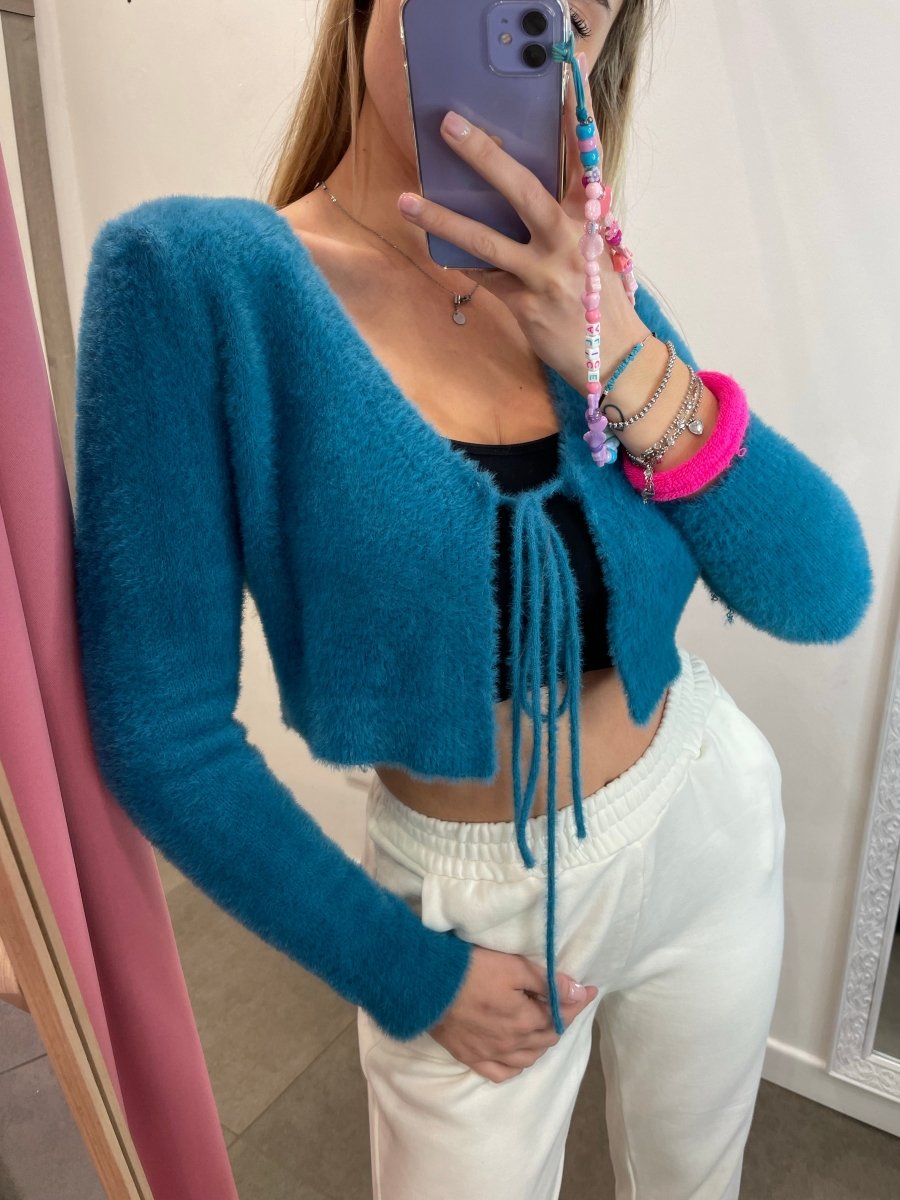 Maglioncino crop ottanio con laccetto