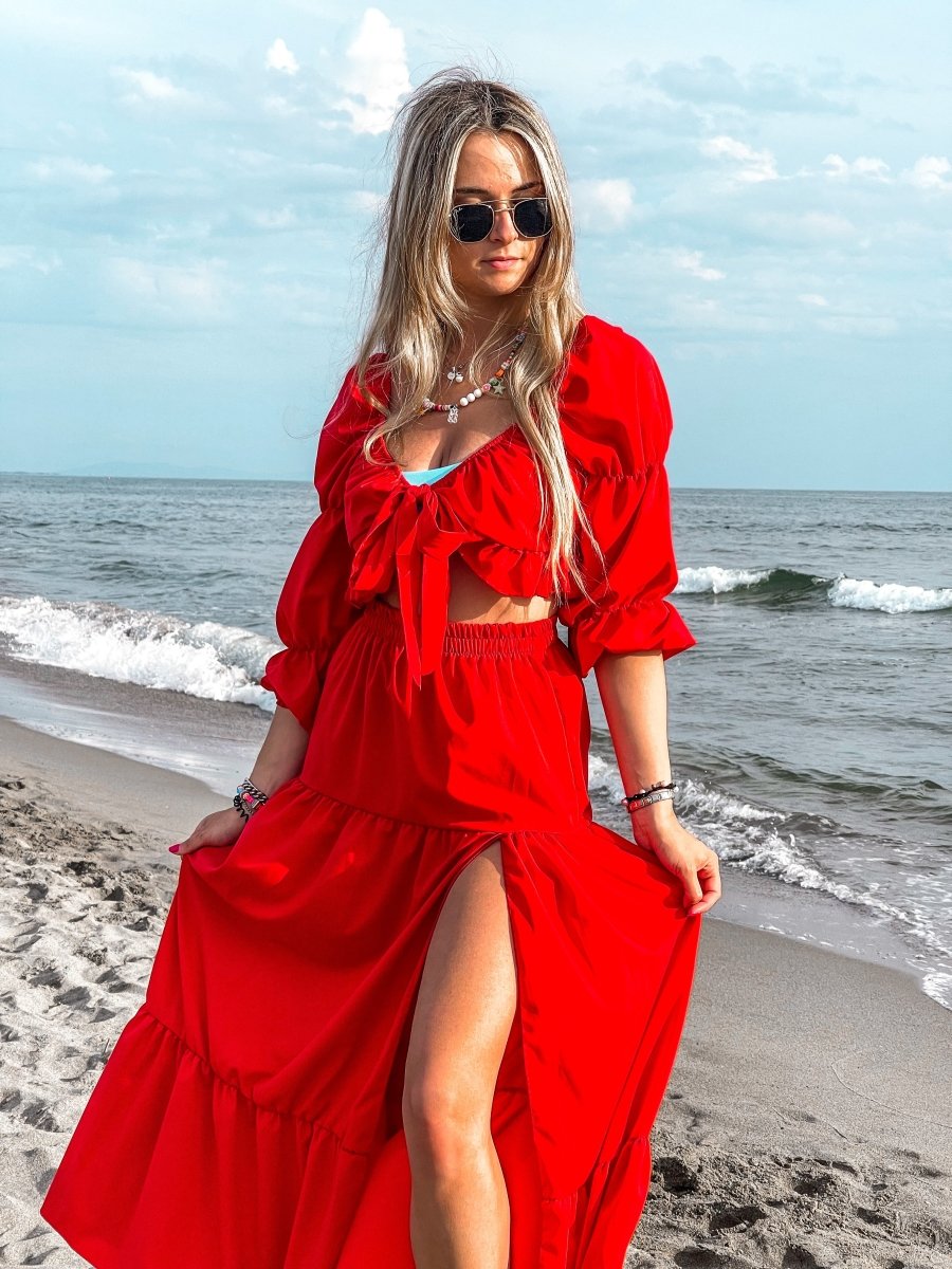 Top rosso con fiocco e maniche a palloncino - Follie by Alice