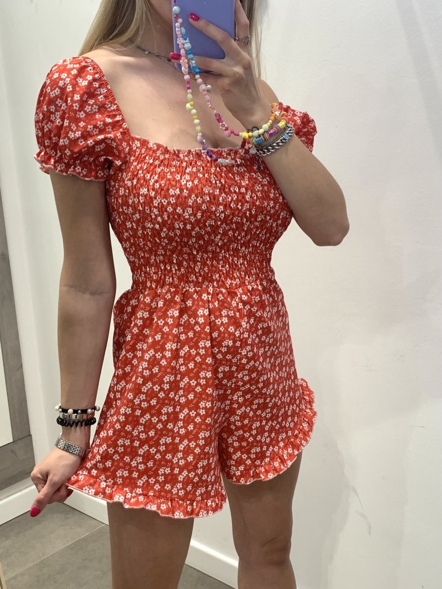 Tutina rossa elasticizzata a fiorellini