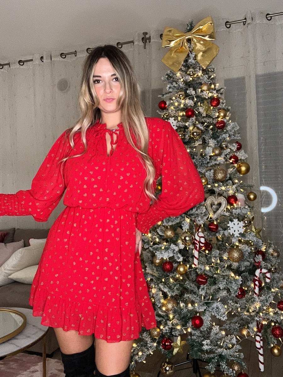 Vestitino rosso velato con cuori oro glitterati