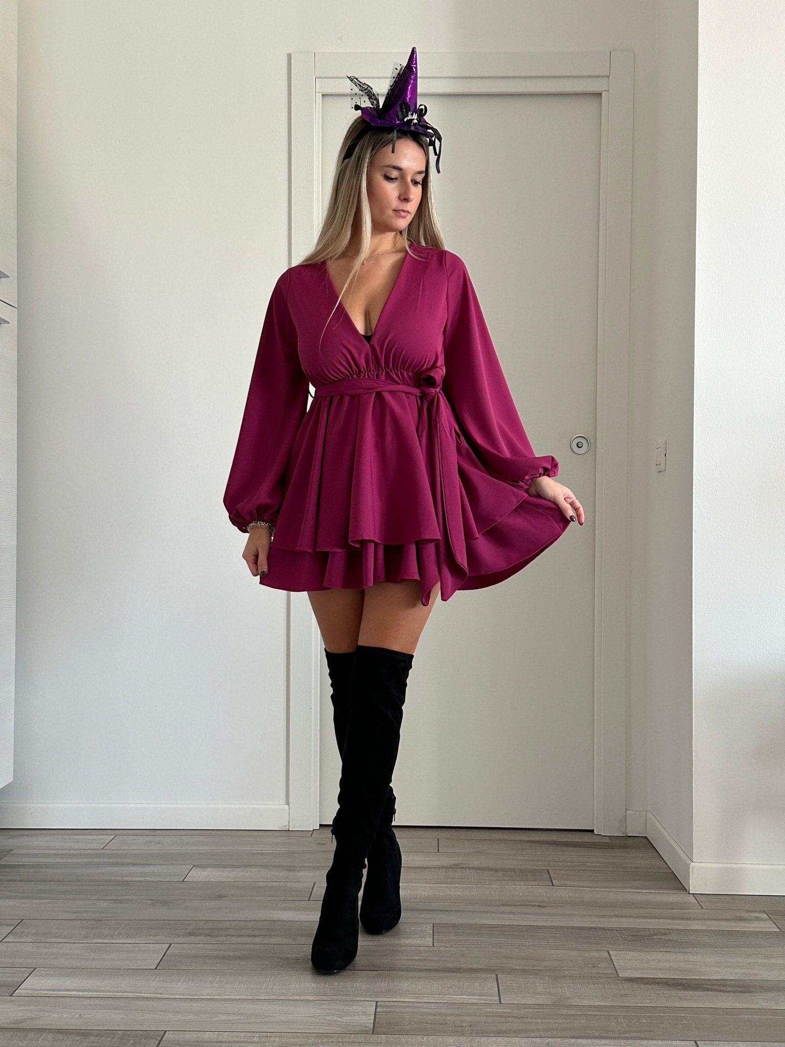 Vestitino vinaccia con gonna a ruota e manica a palloncino - Follie by Alice