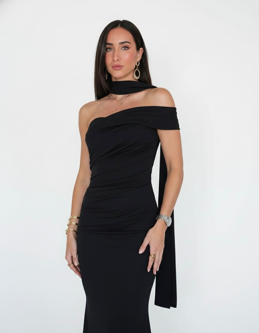 Vestito lungo monospalla a fascia con fusciacca choker – alternate