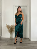 Vestito lungo drappeggiato in satin con spacco