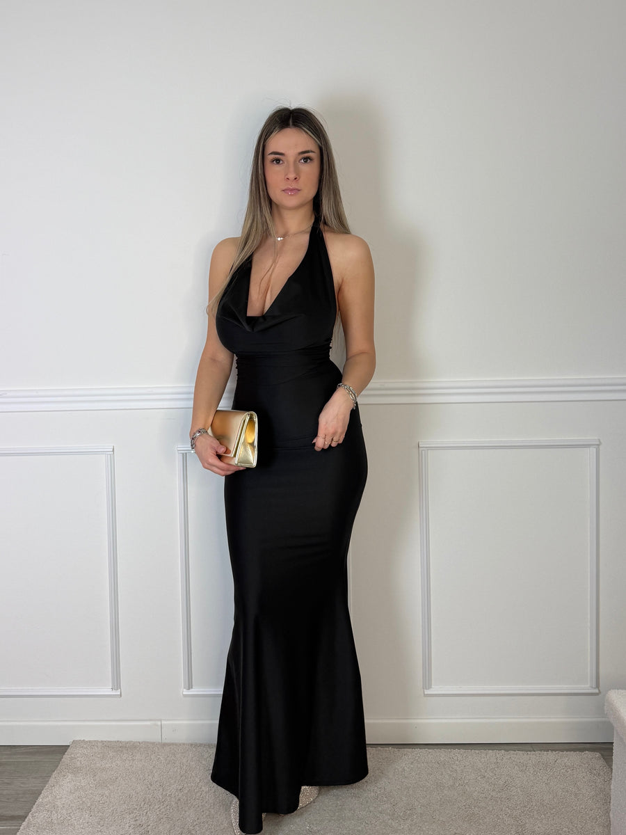 Vestito lungo in raso con scollo drappeggiato e schiena scoperta – alternate