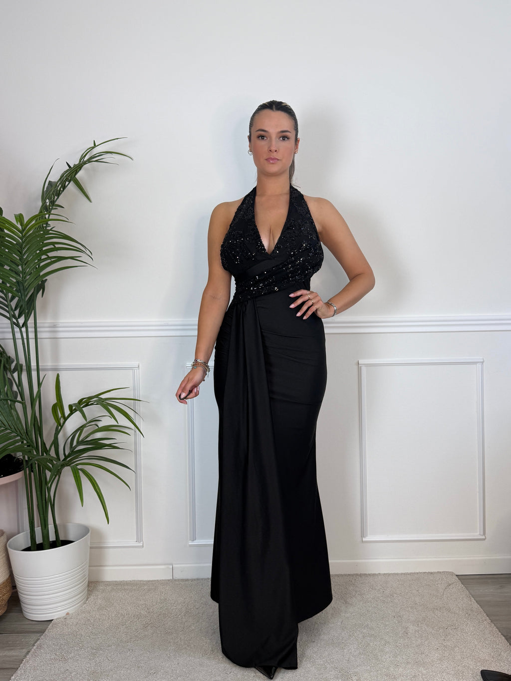 Vestito lungo in raso con top paillettes NOTTE