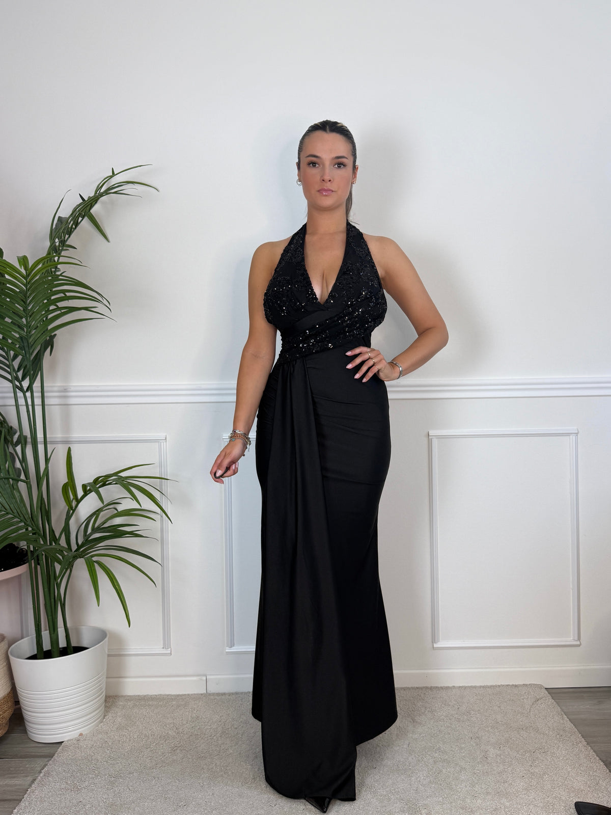 Vestito lungo in raso con top paillettes NOTTE