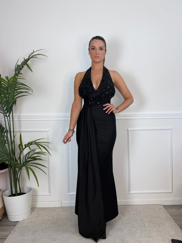 Vestito lungo in raso con top paillettes NOTTE