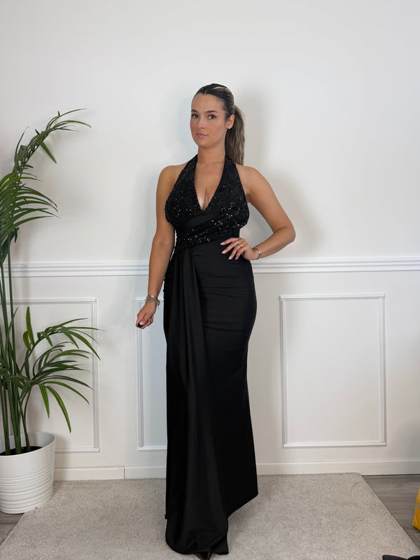 Vestito lungo in raso con top paillettes NOTTE