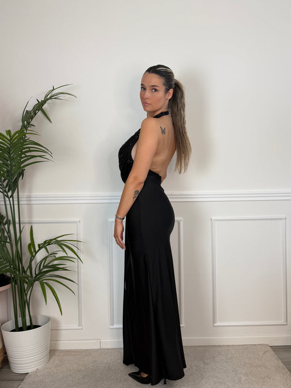 Vestito lungo in raso con top paillettes NOTTE