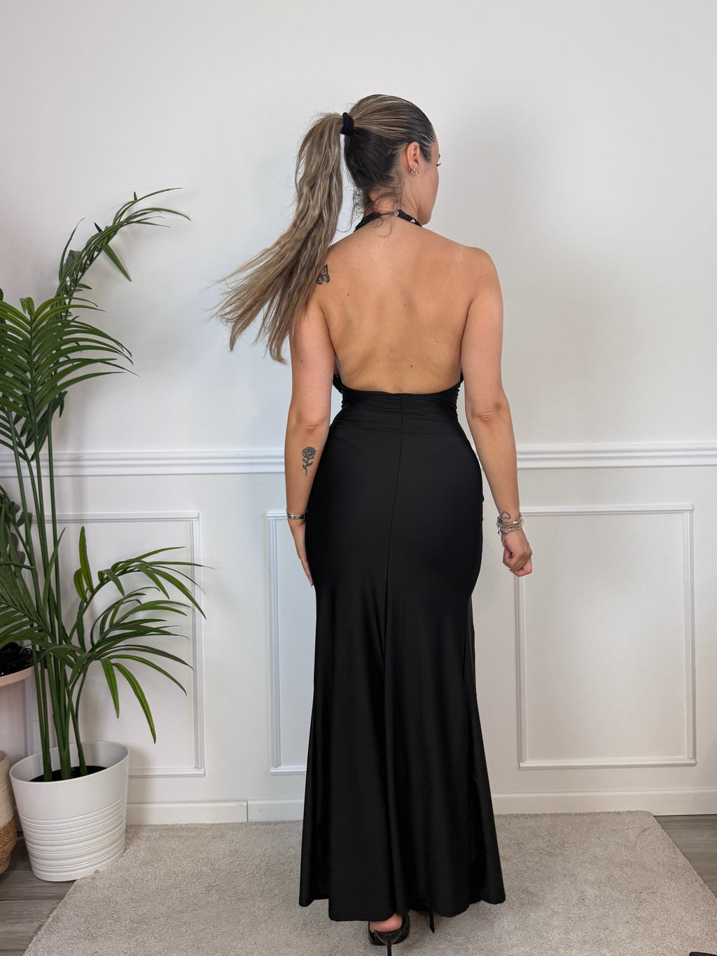 Vestito lungo in raso con top paillettes NOTTE
