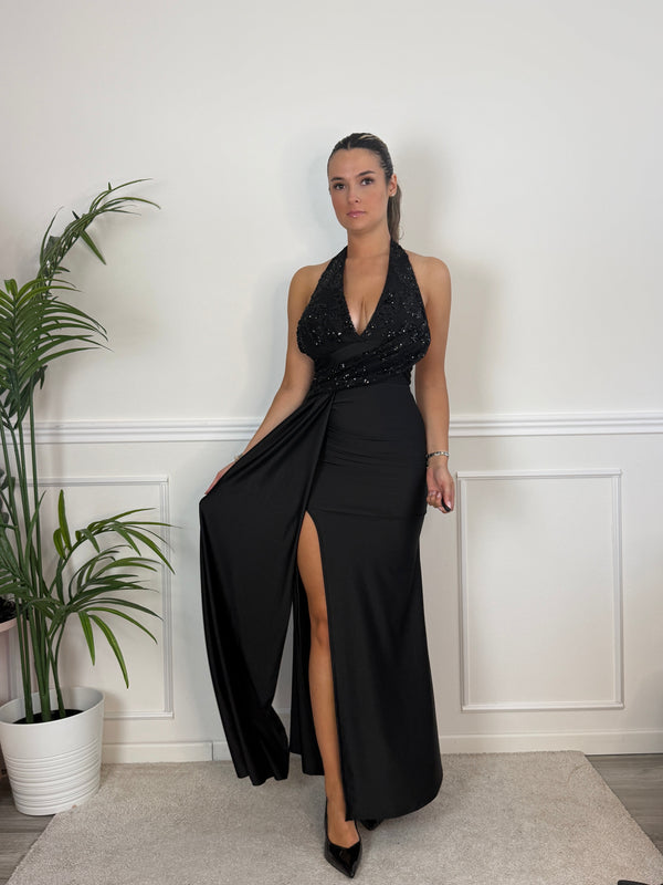 Vestito lungo in raso con top paillettes NOTTE