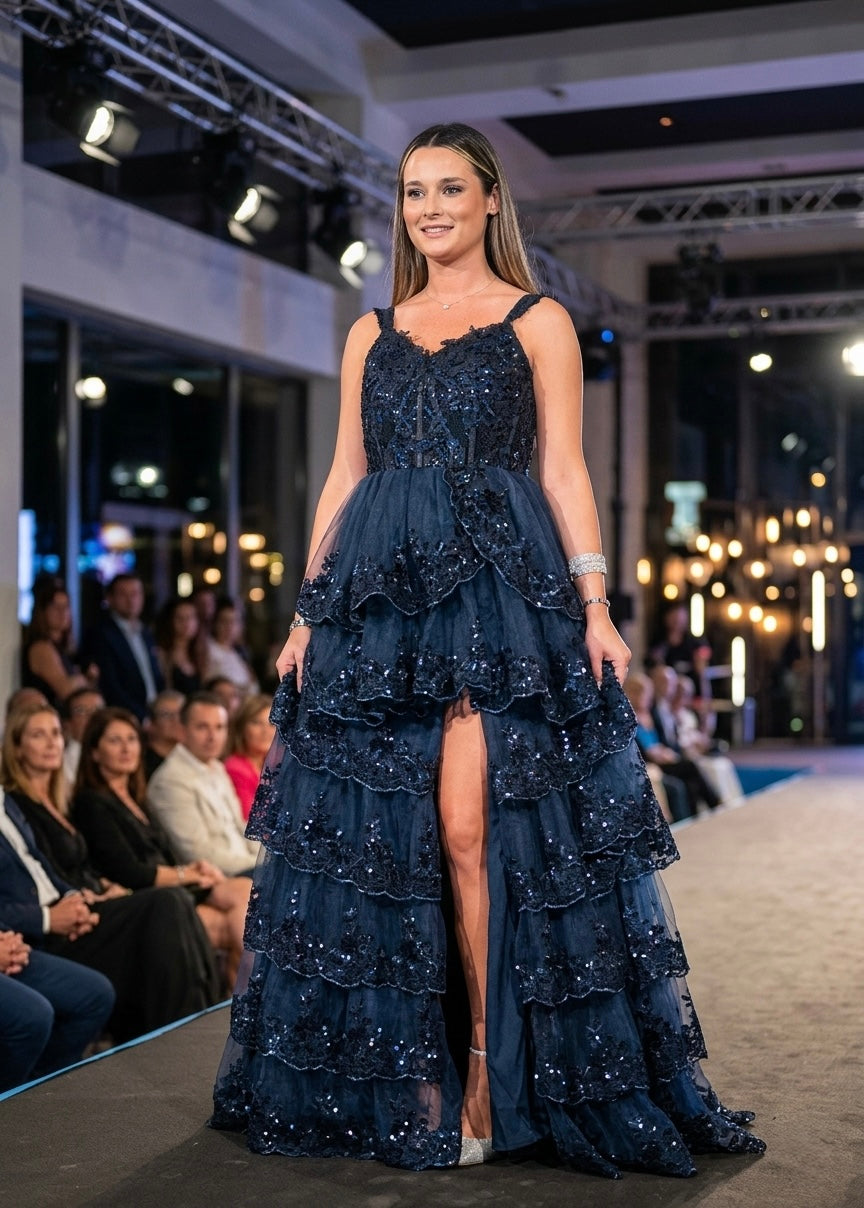 Abito lungo in tulle con paillettes all-over VERSAILLES