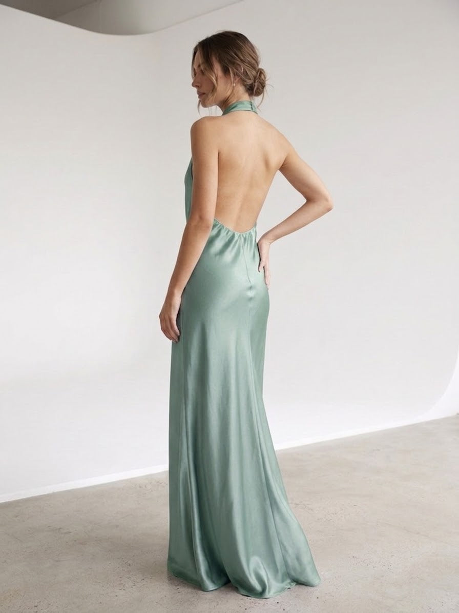 Vestito lungo halter in raso con schiena scoperta AZURE
