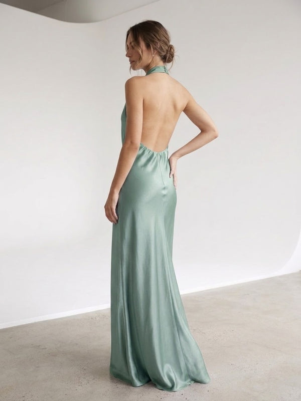 Vestito lungo halter in raso con schiena scoperta AZURE