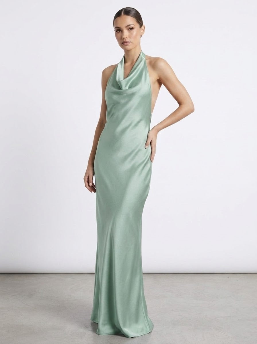 Vestito lungo halter in raso con schiena scoperta AZURE